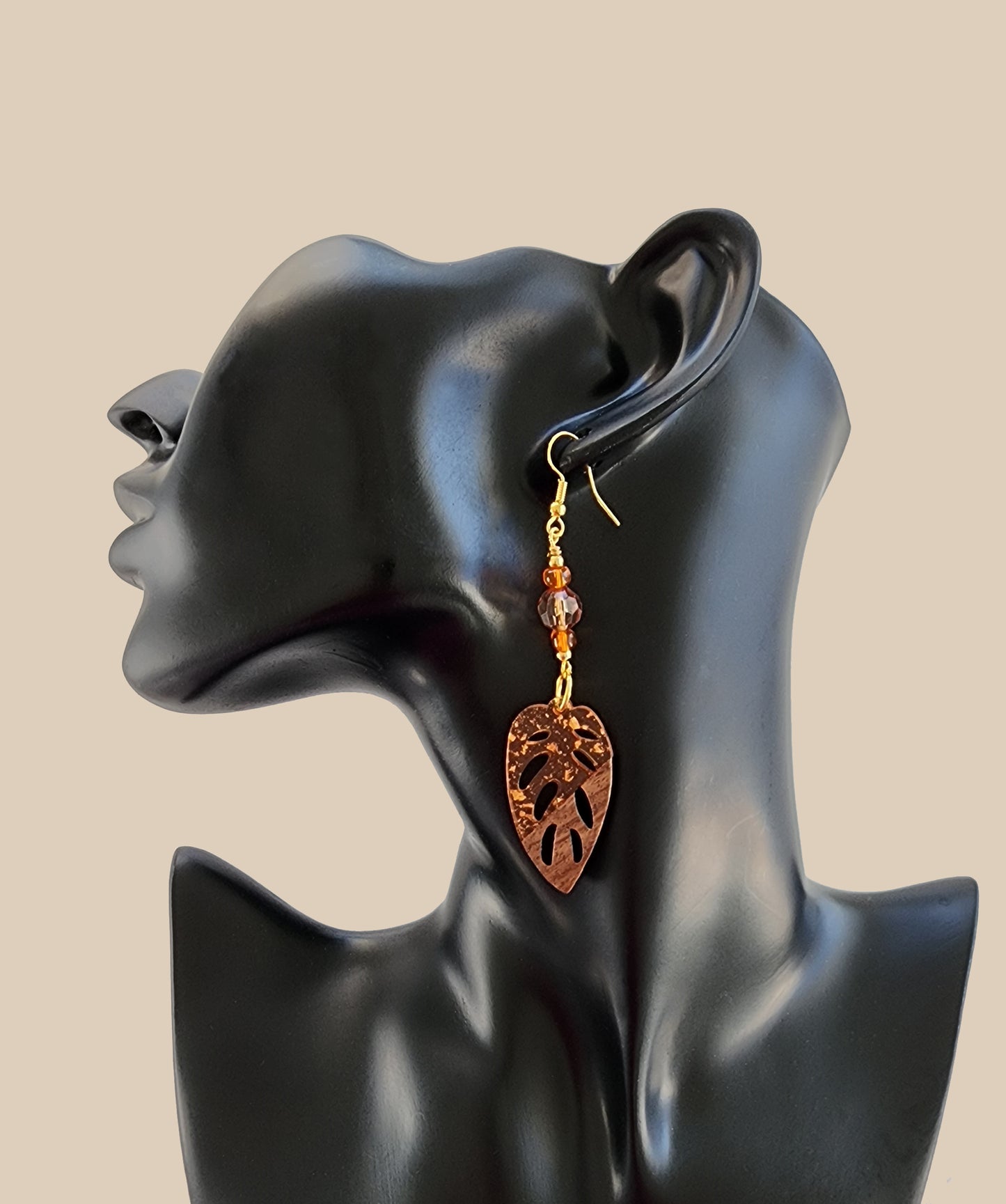 Amber Dangle Wood Leaf Earring