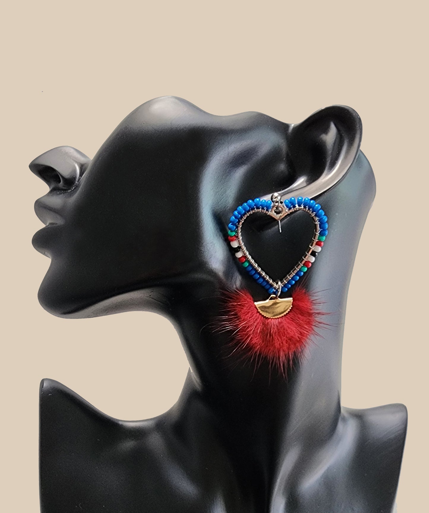 Blue and Red Heart Mink Earring