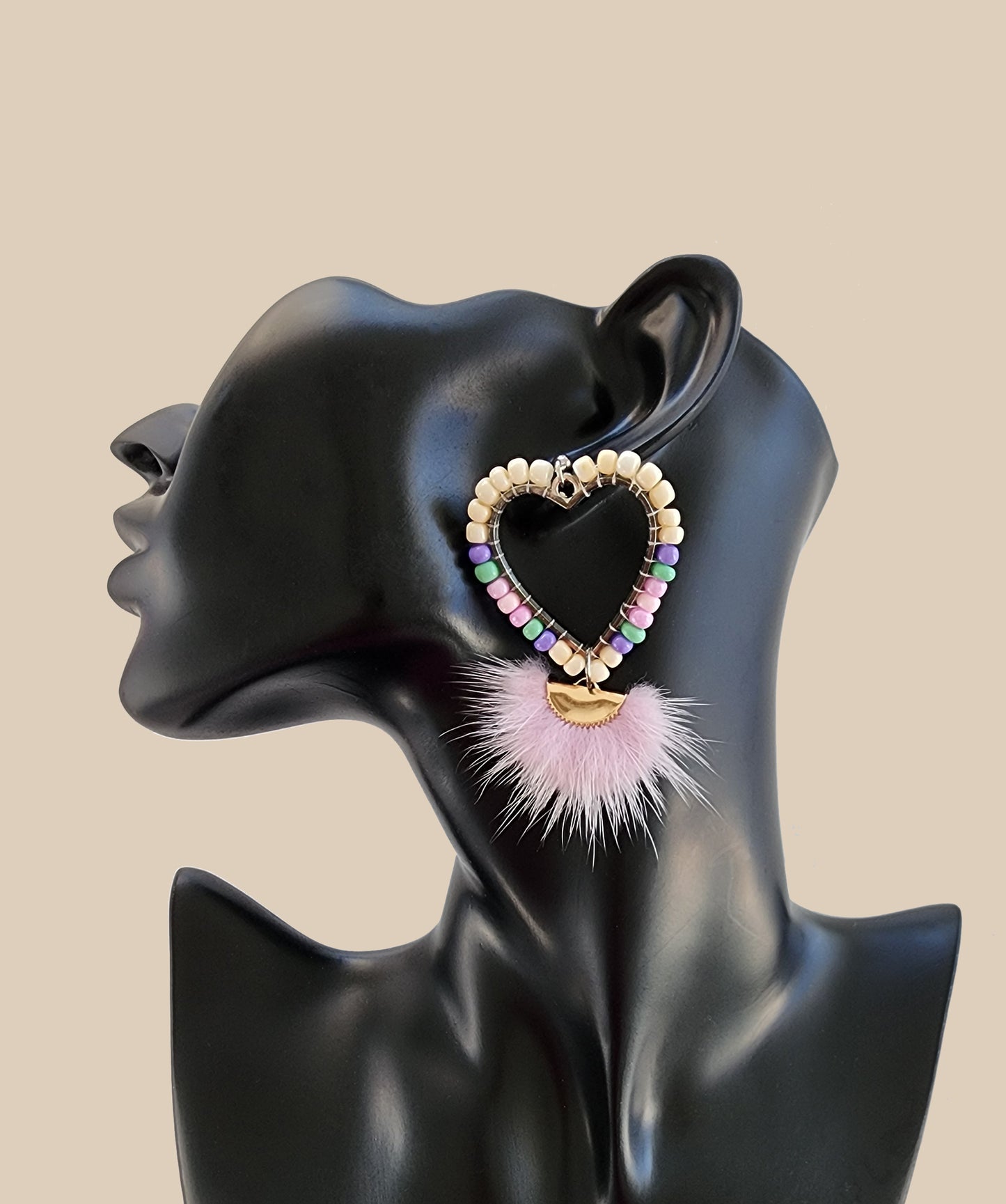 Ivory and Pastels Pink Mink Heart Earring