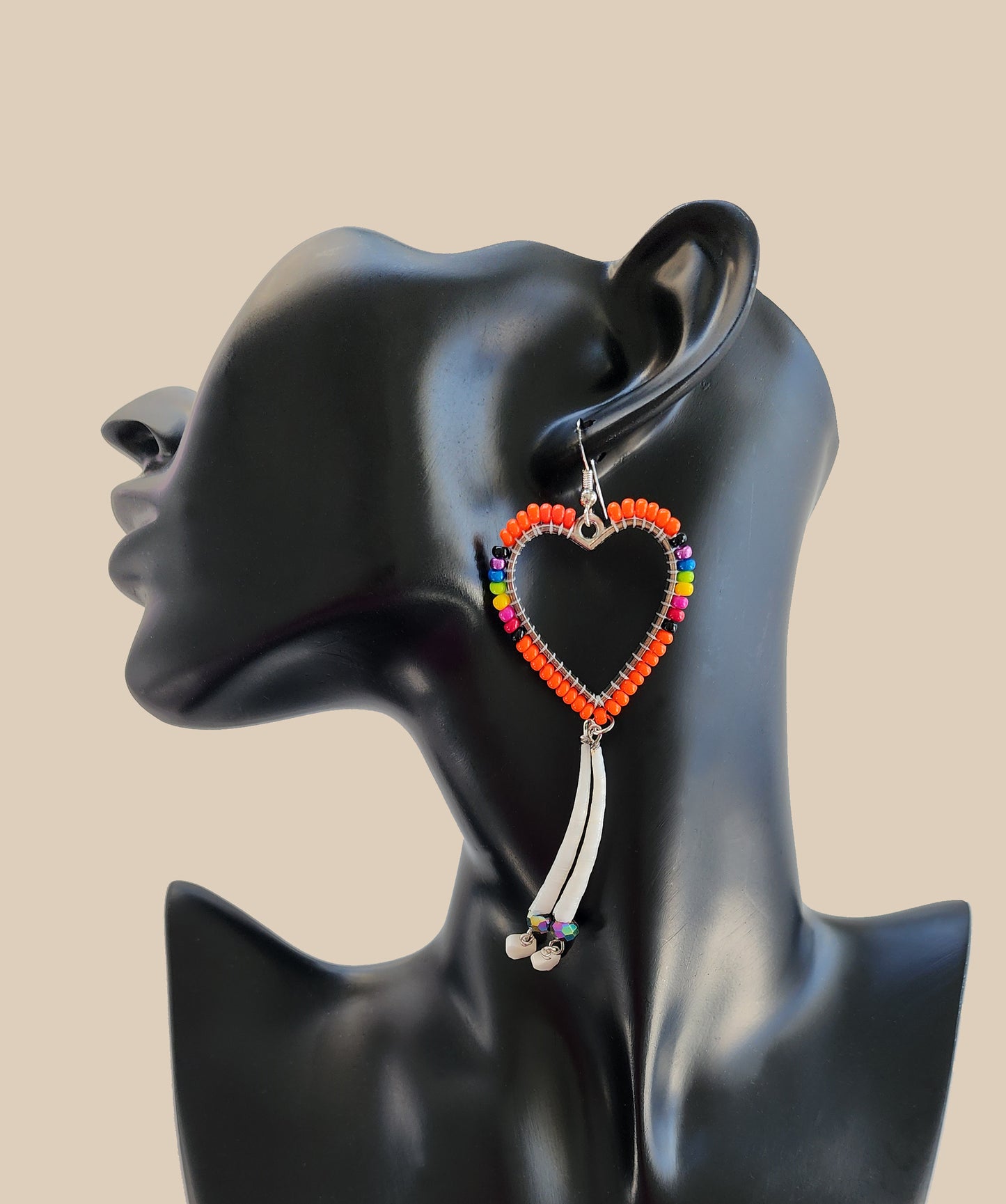 Orange Rainbow Dentalium Heart Earring
