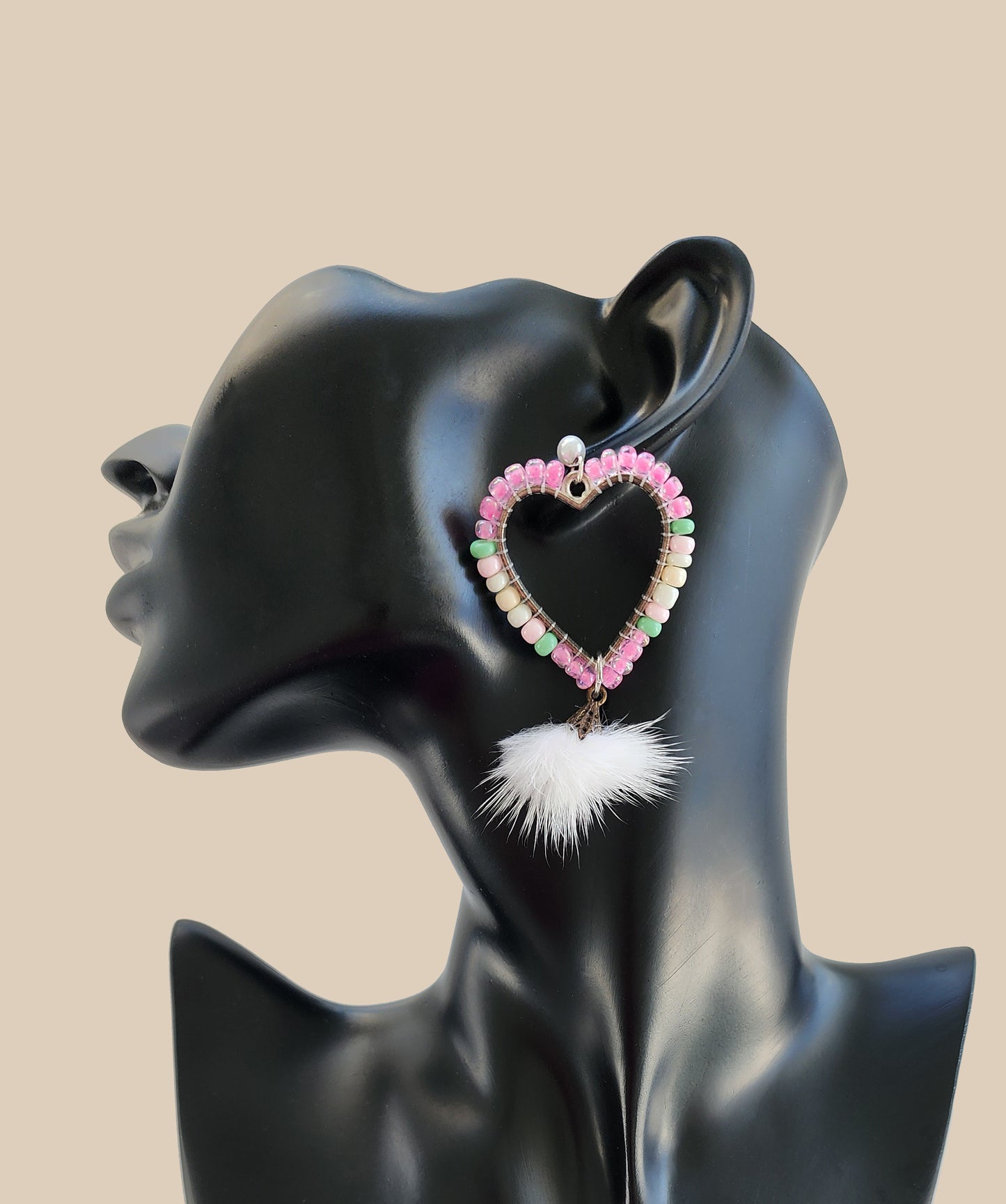 Pink and Pastels White Mink Heart Earring Stud