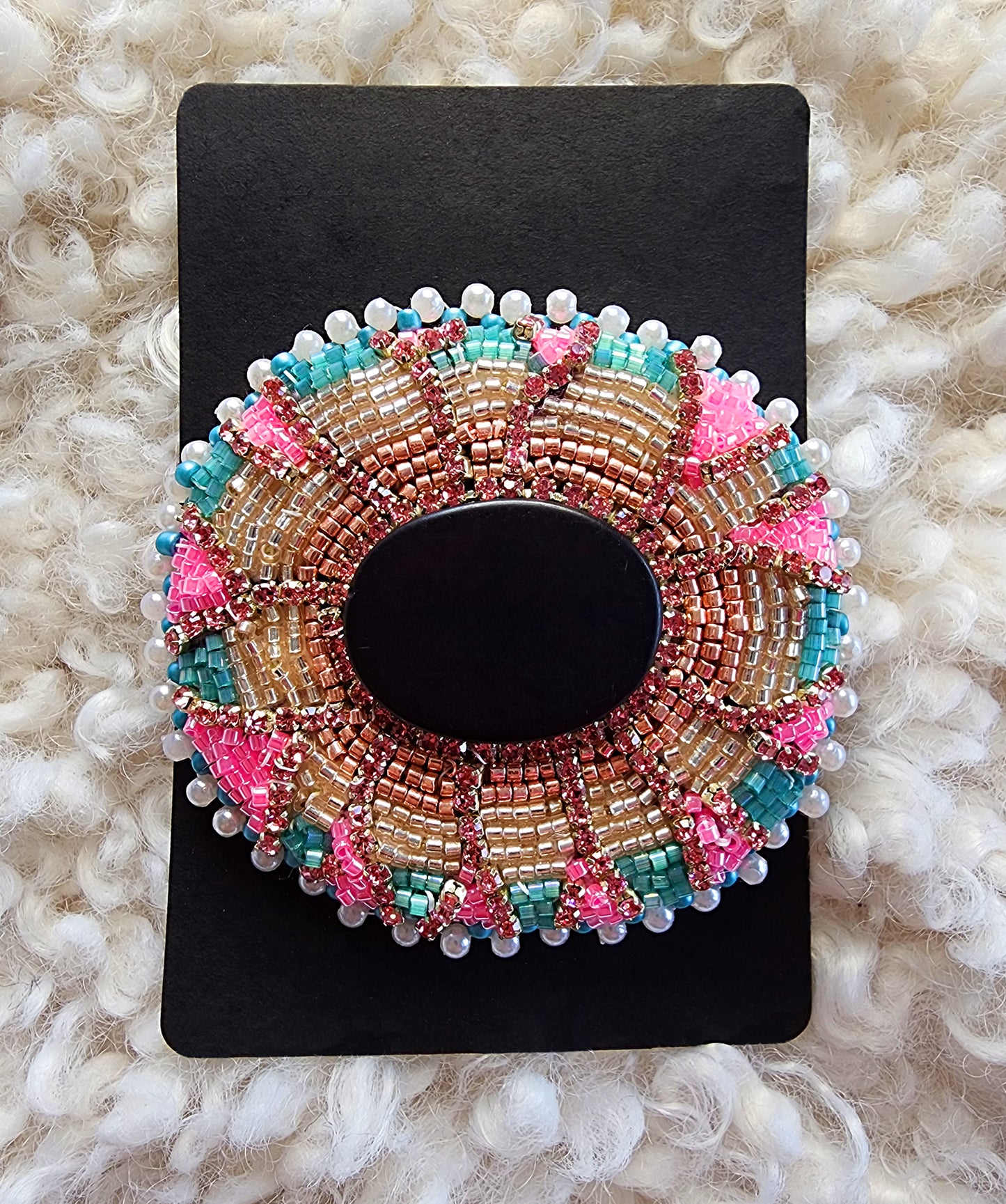 Pink, Turquoise, Black & Pearl Brooch (Pin Clasp)