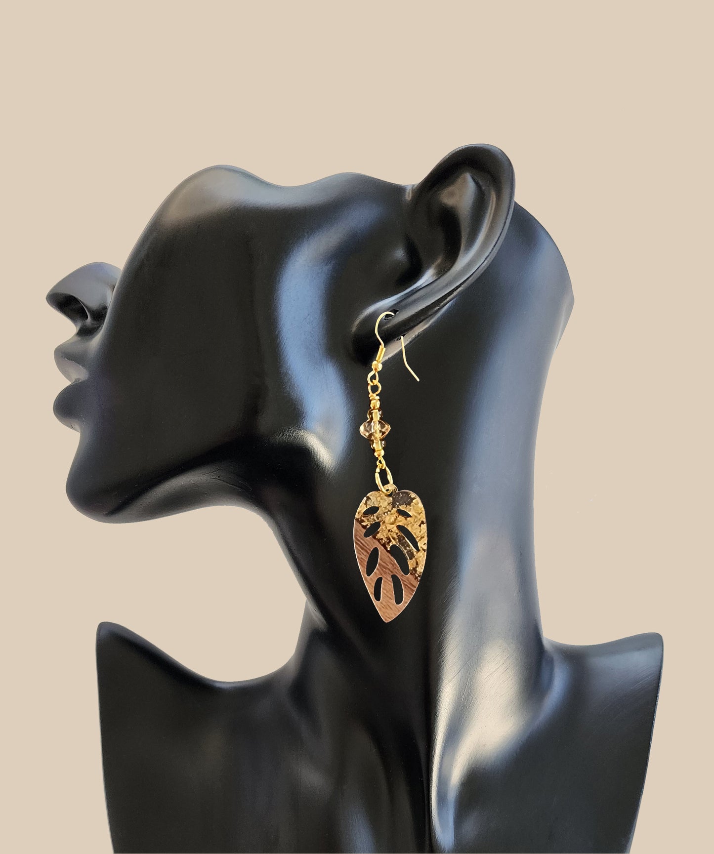 Gold Dangle Wood Leaf Earring